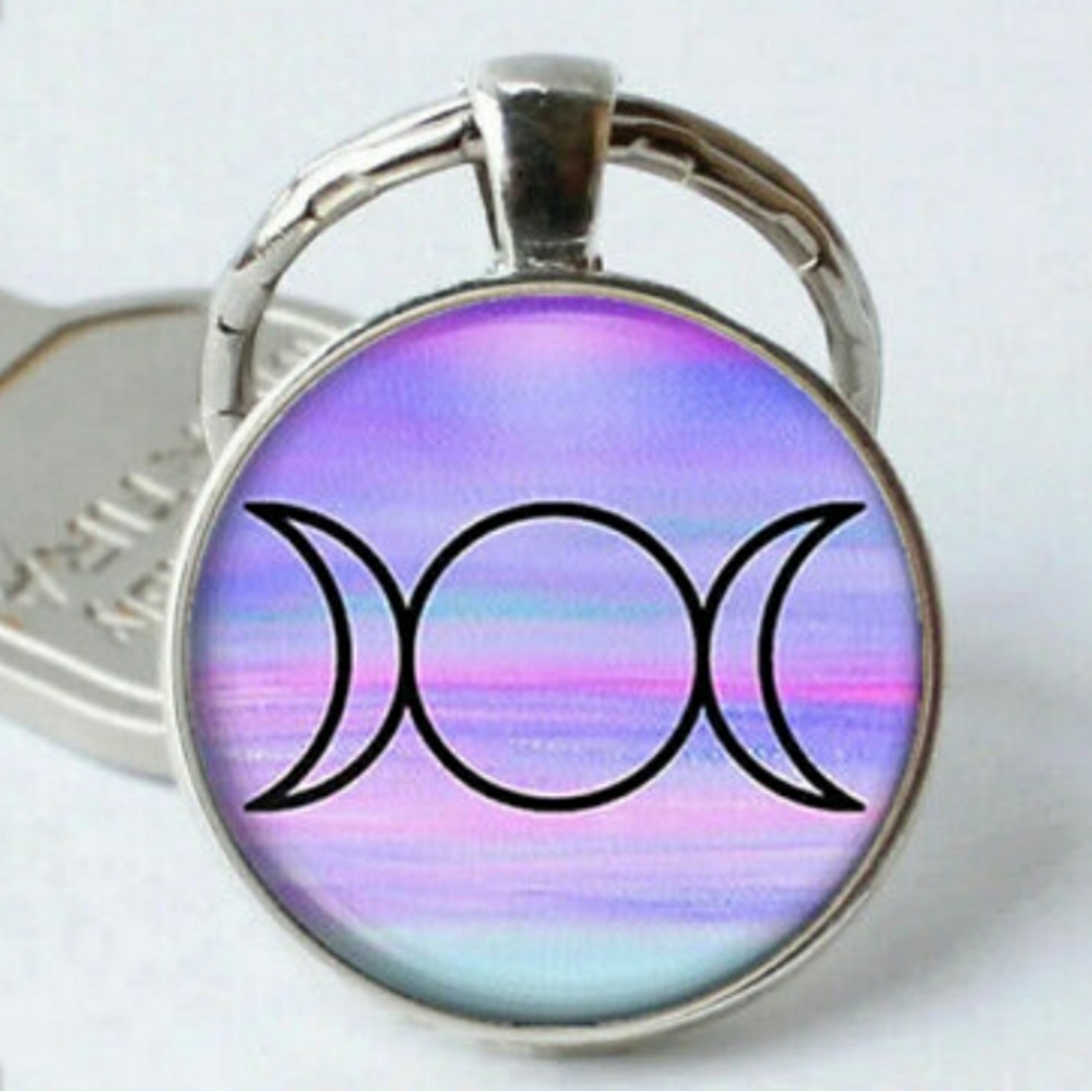 New Triple Moon Silver Tone Cabochon Keychain.